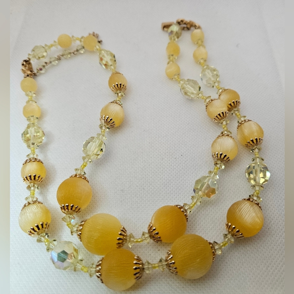 Vintage Vendome Double Strand Necklace Yellow Moonglow Satin Bead AB Crystal MCM